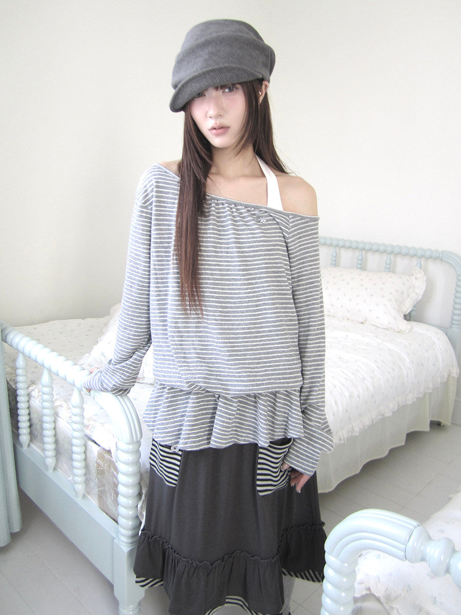 Striped Off-Shoulder Ruffle Layered Long Sleeve Top