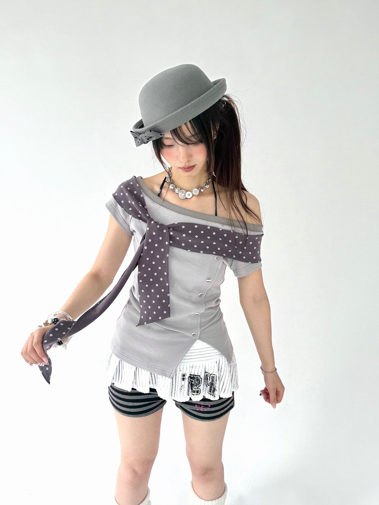 Polka Dot Tie-Wrap Off-Shoulder Fitted Top