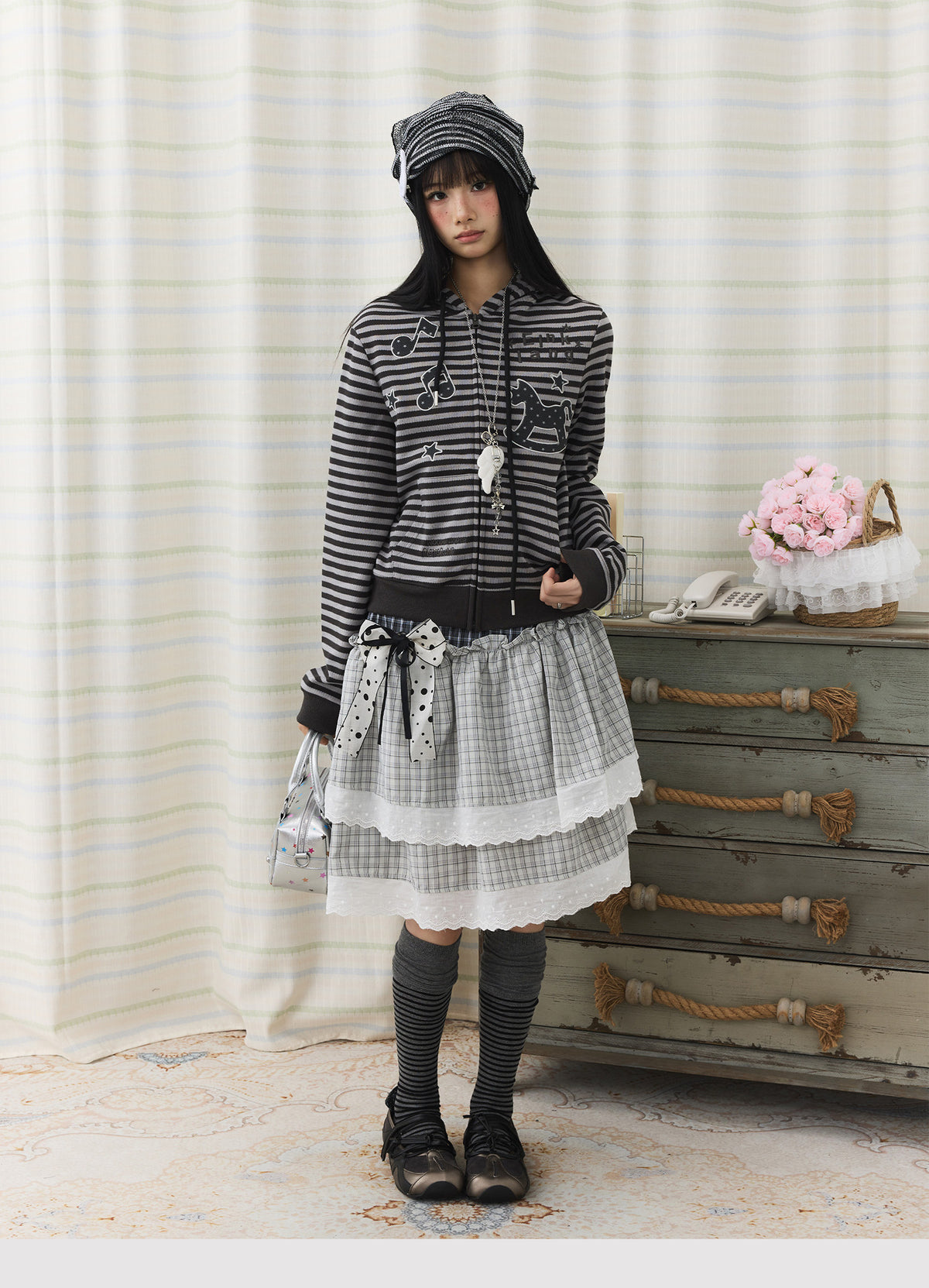 Striped Rocking Horse Embroidered Zip-Up Hoodie