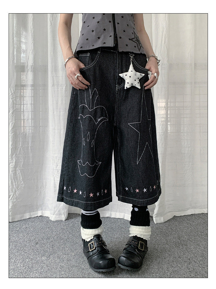 Star Embroidered Denim Capri Pants with Charm