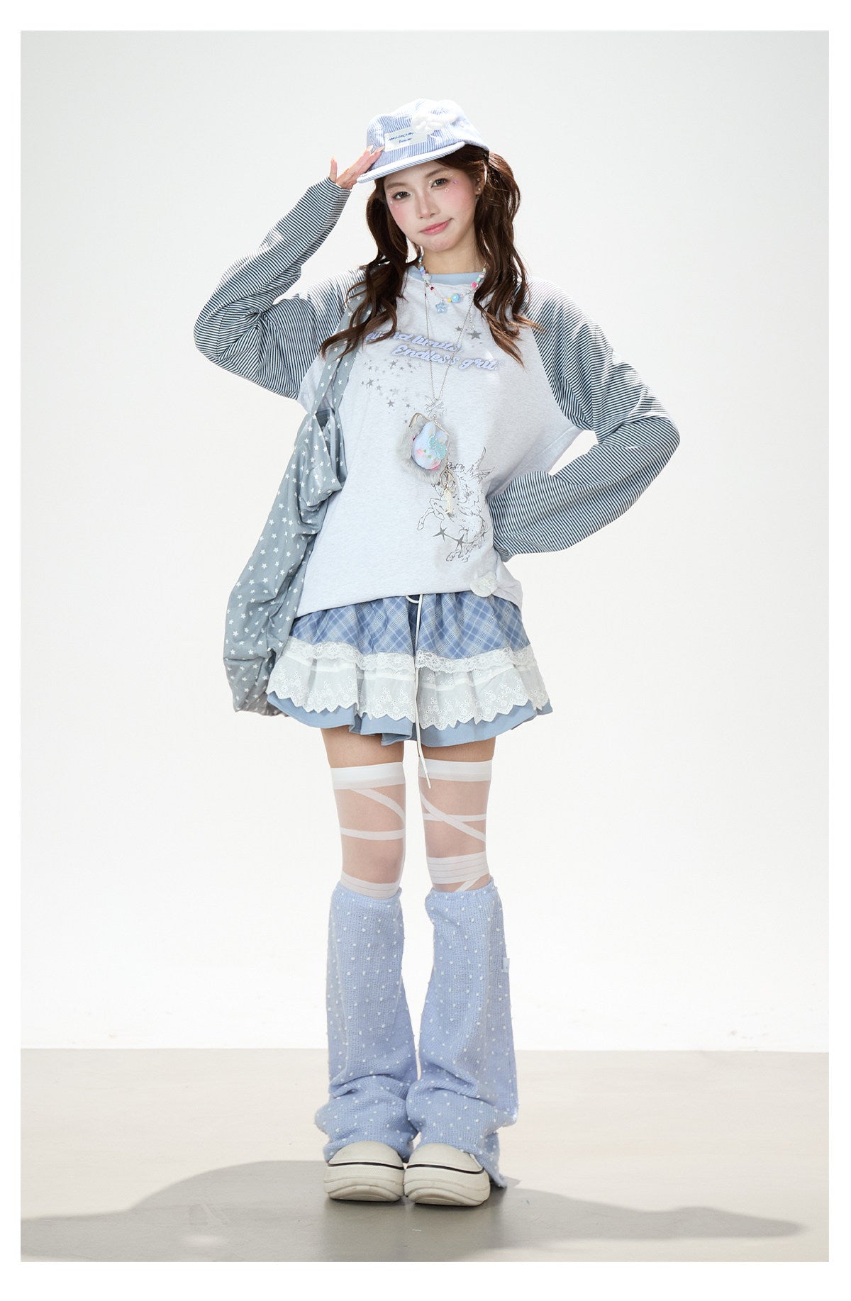 Striped Raglan Angel Graphic Long Sleeve Tee & Blue Plaid Lace Ruffle Skirt