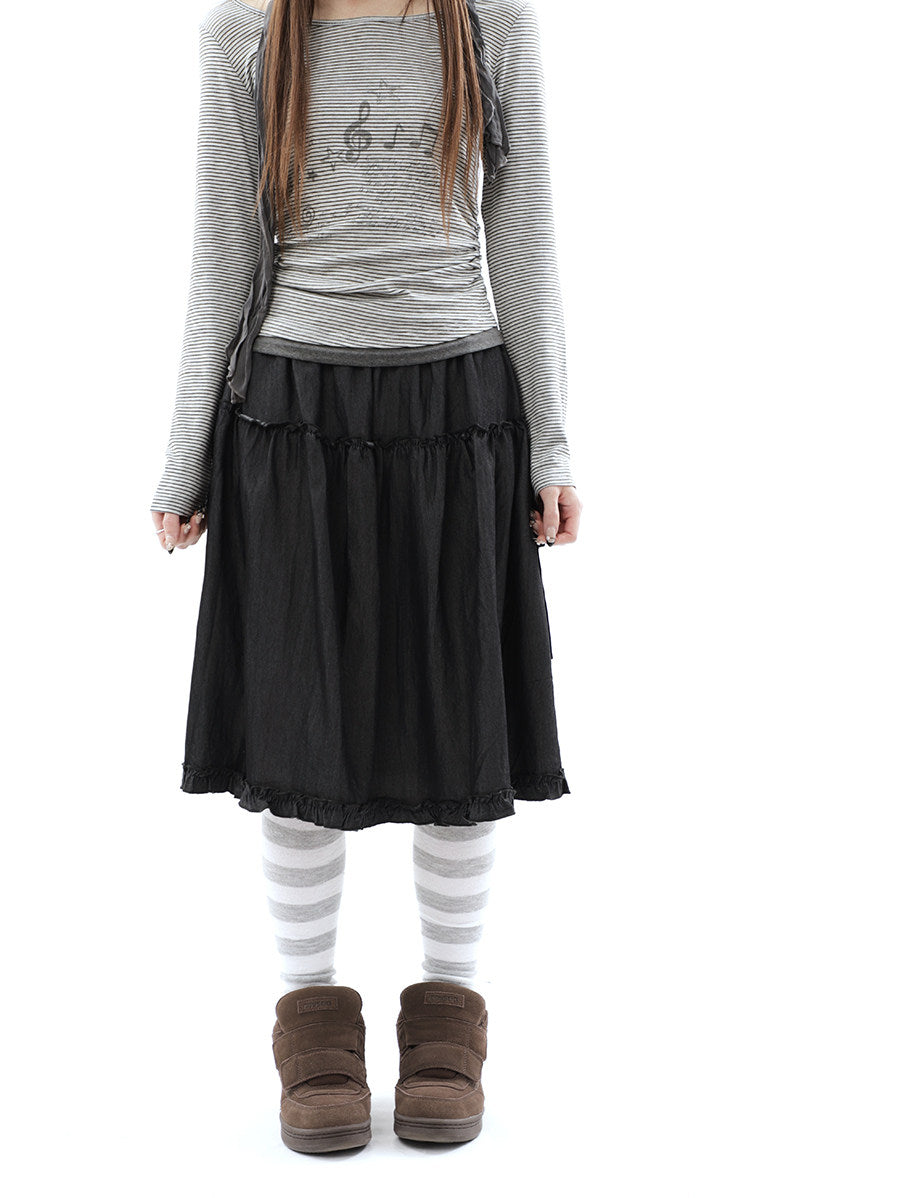 Washed Black Ruffle-Tiered Denim Midi Skirt