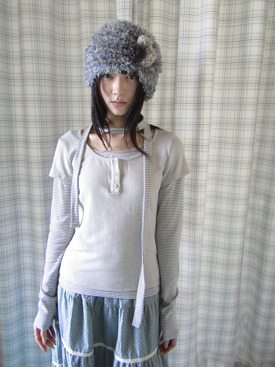 Striped Layered Scarf Henley Long Sleeve Top