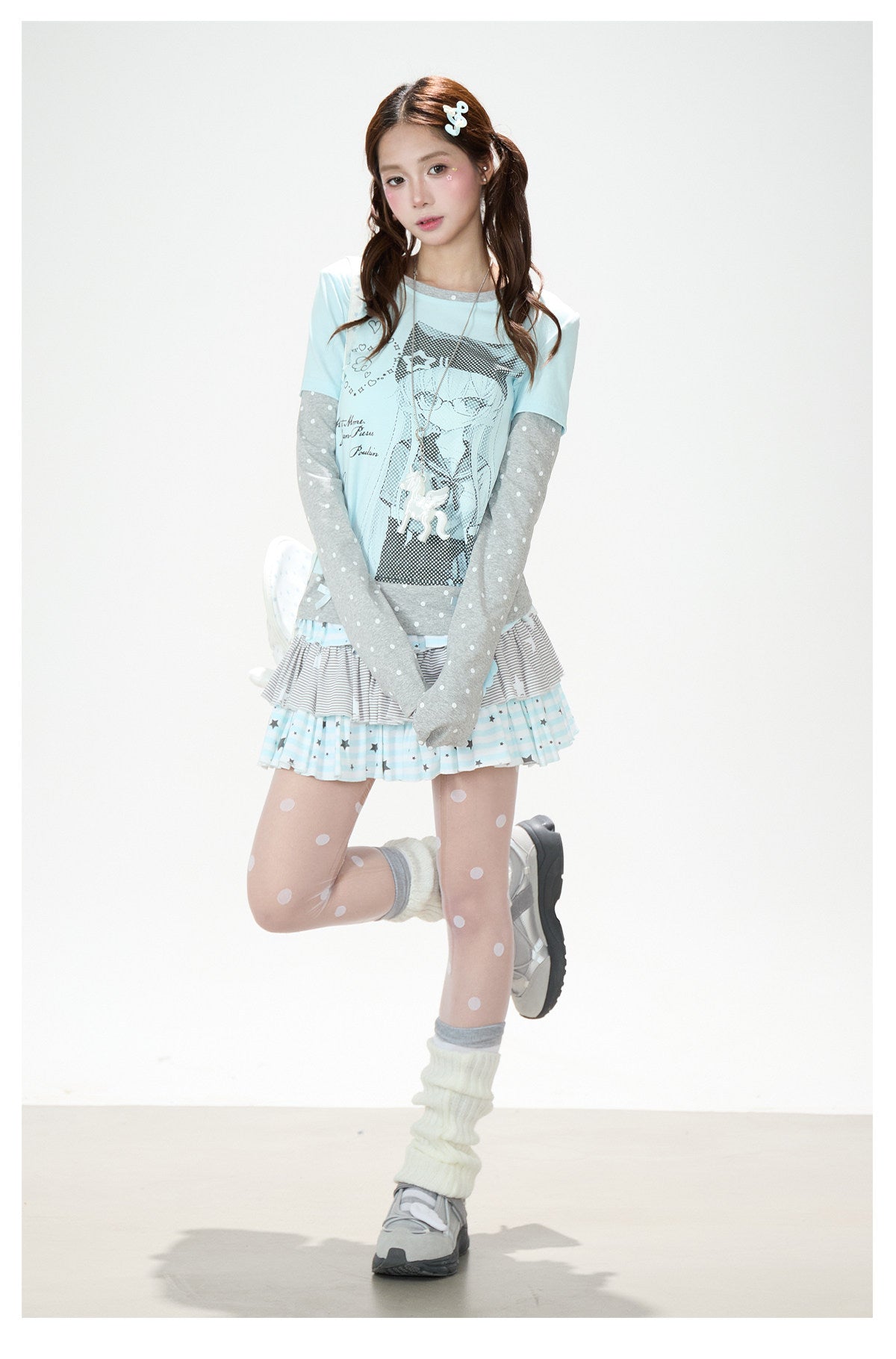Anime Girl Polka-Dot Layered Long Sleeve Top & Star Tiered Ruffle Mini Skirt