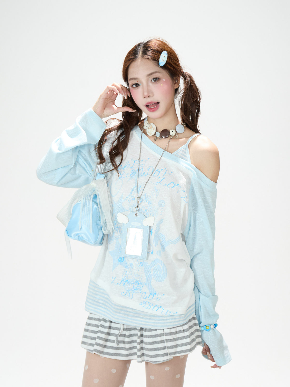 Faux Layered Off-Shoulder Graphic Long Sleeve Top