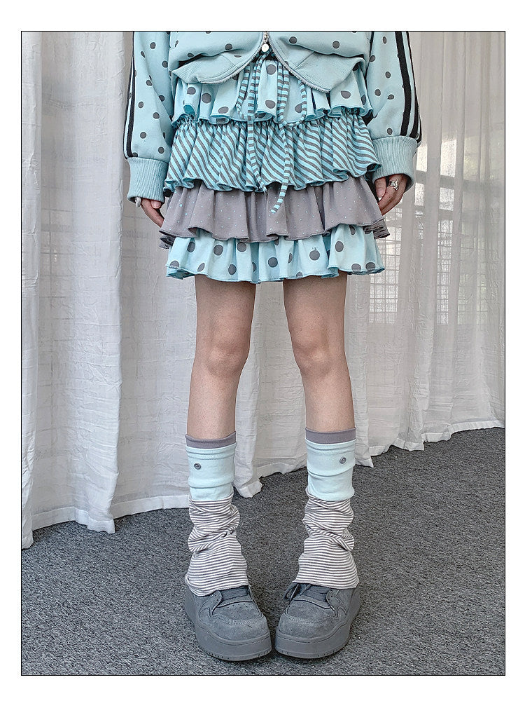 Polka Dot Stripe Tiered Ruffle Mini Skirt
