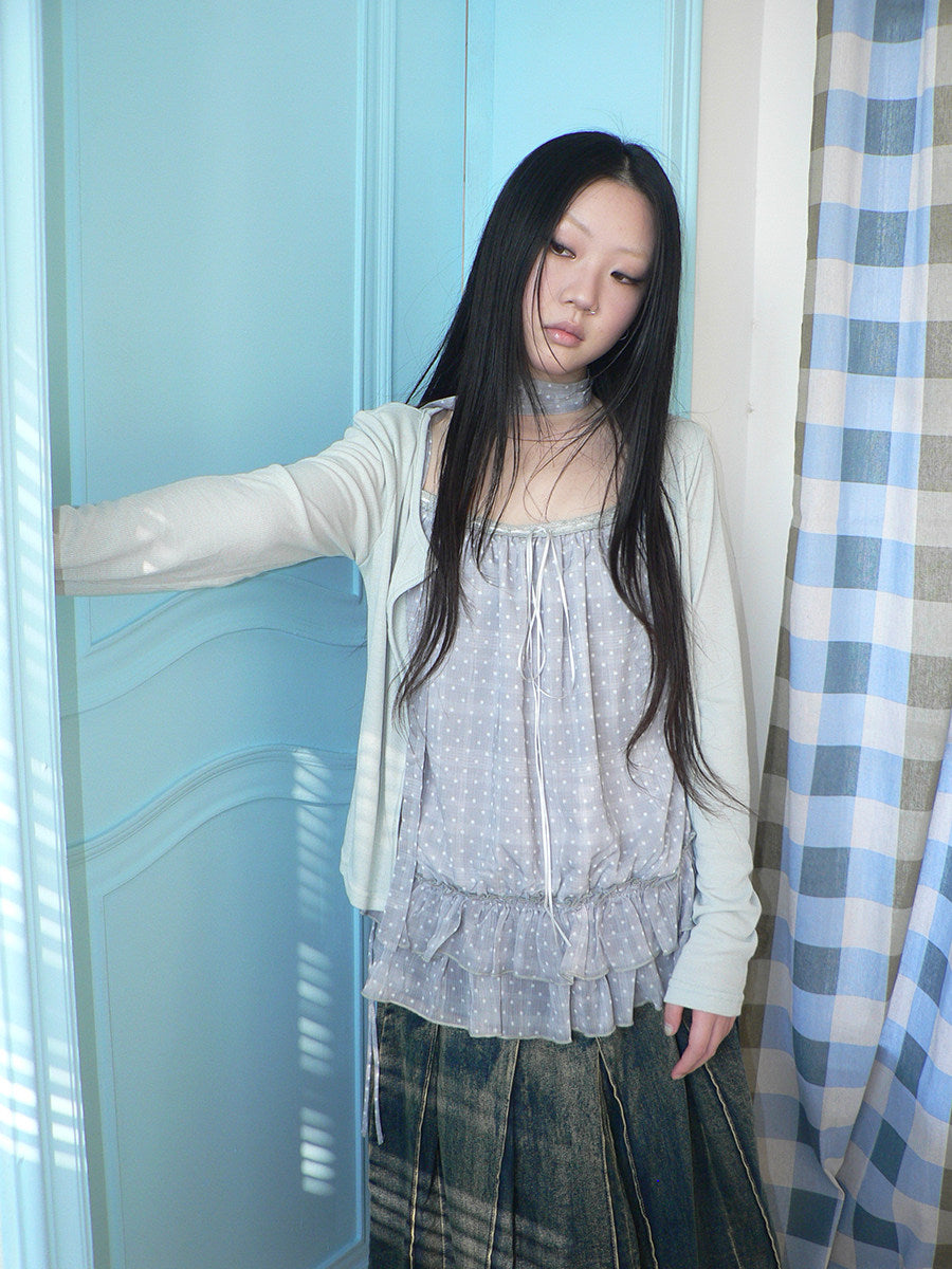 Polka Dot Ruffle Camisole & Cardigan Set with Scarf