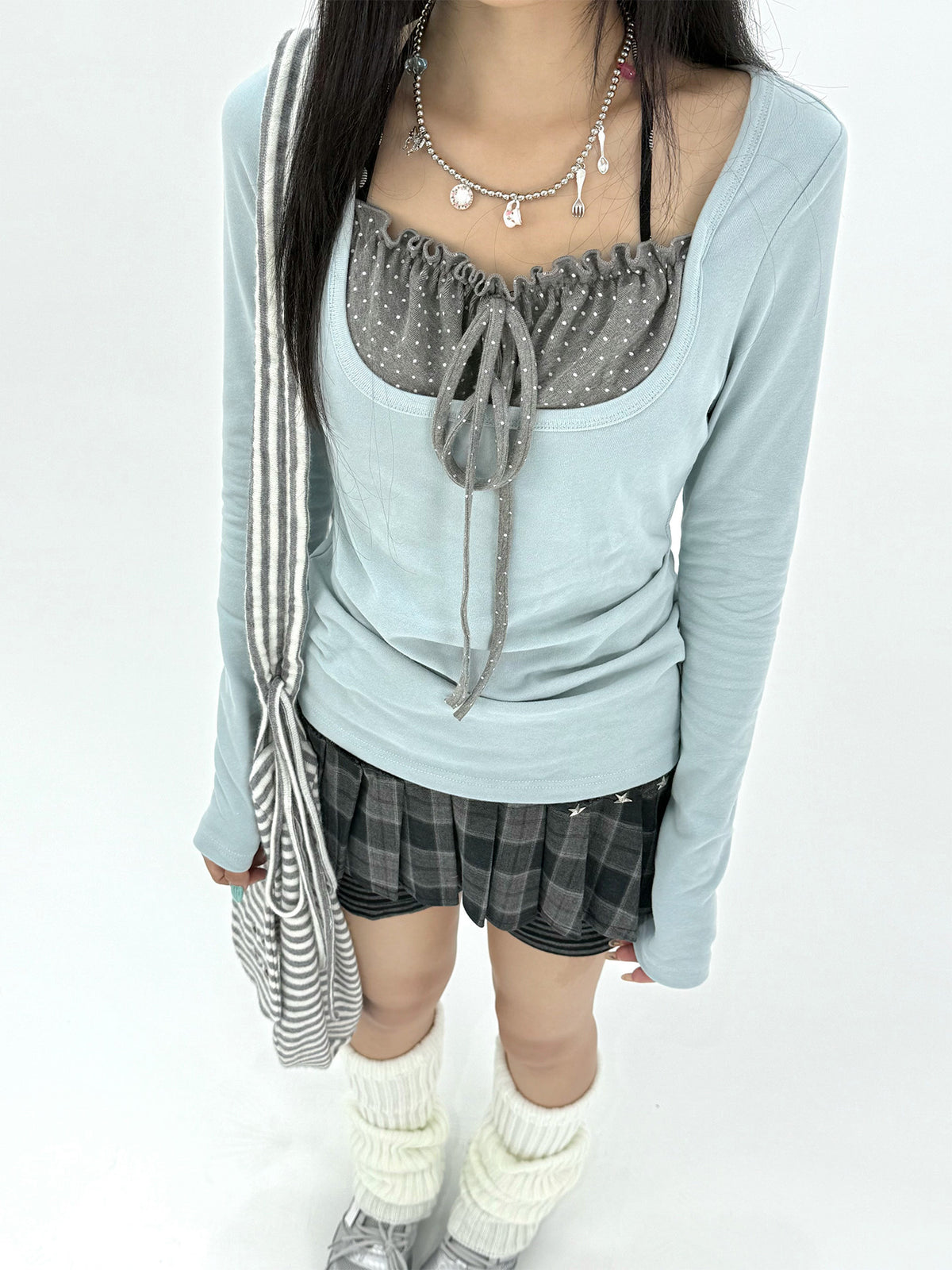 Polka Dot Tie-Front Layered Long Sleeve Top