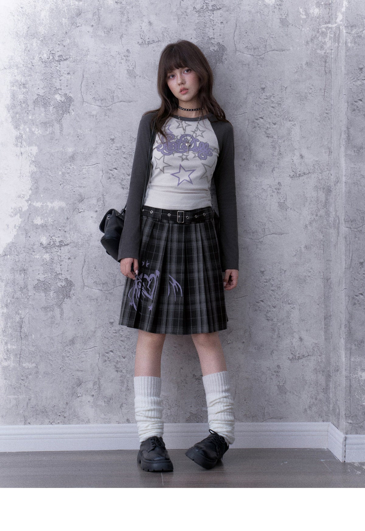 Double-Waist Graphic Plaid Pleated Midi Skirt