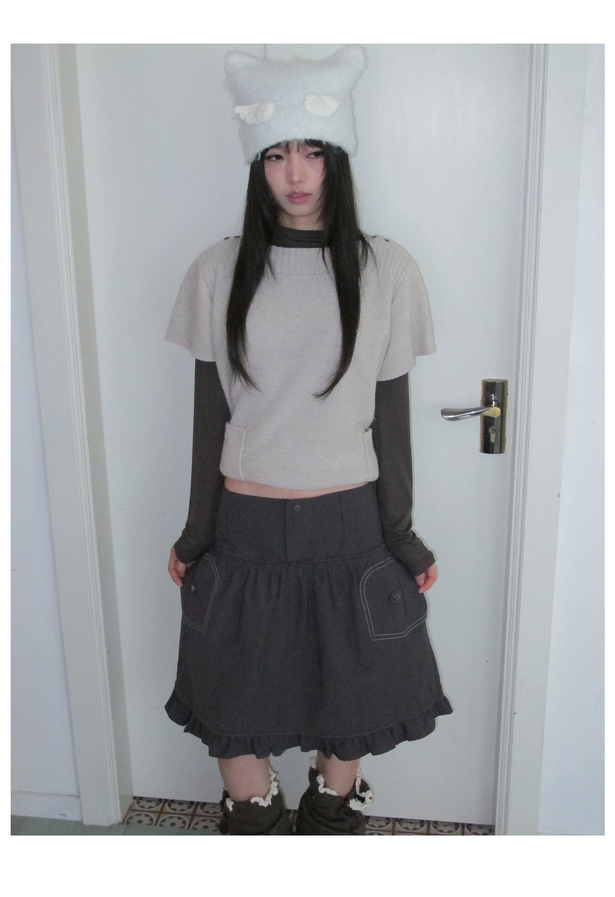 Contrast-Stitch Ruffle-Hem Utility Mini Skirt
