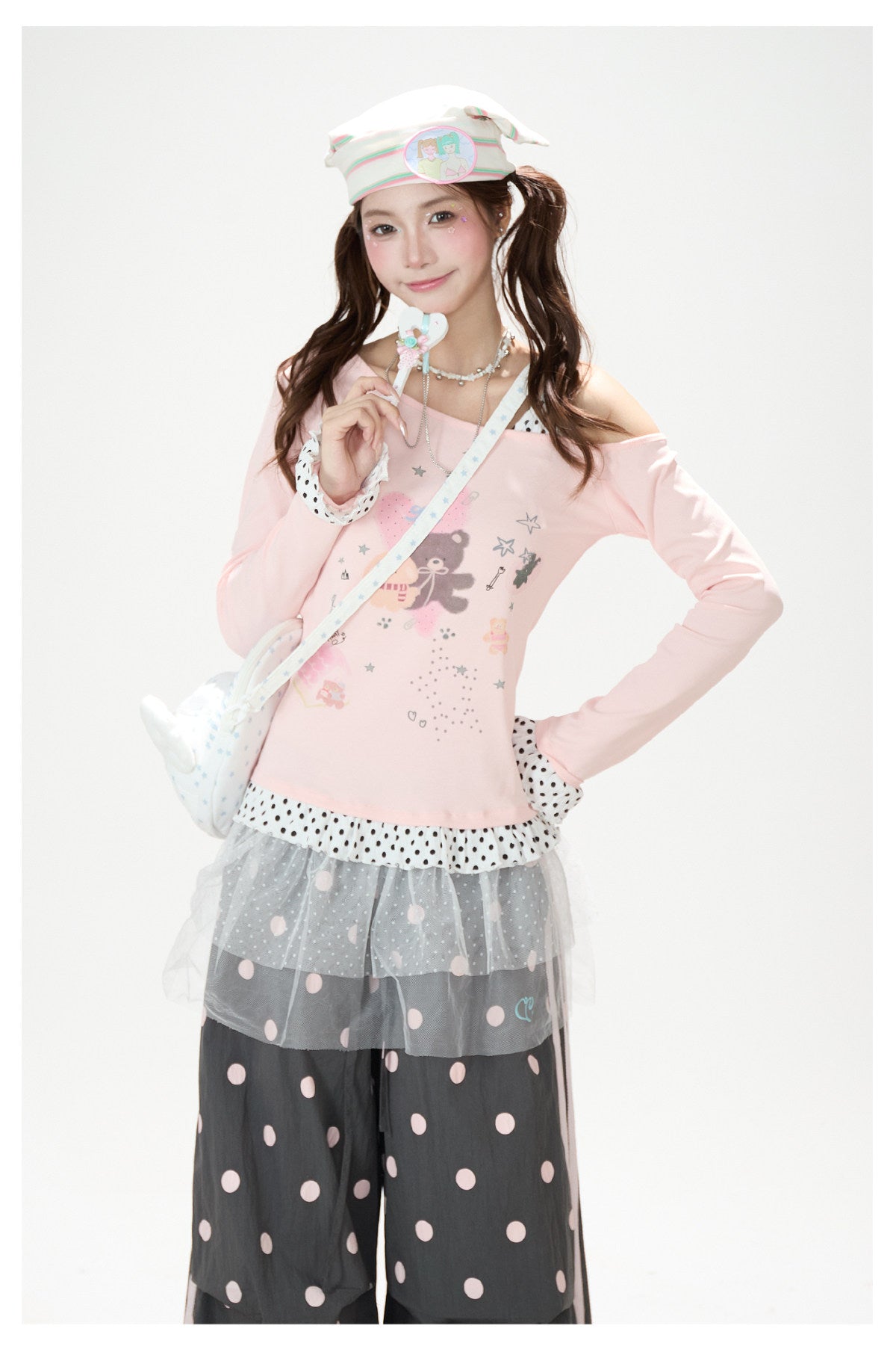 Dreamy Cartoon Off-Shoulder Layered Long Sleeve Top & Polka Dot Wide-Leg Pants