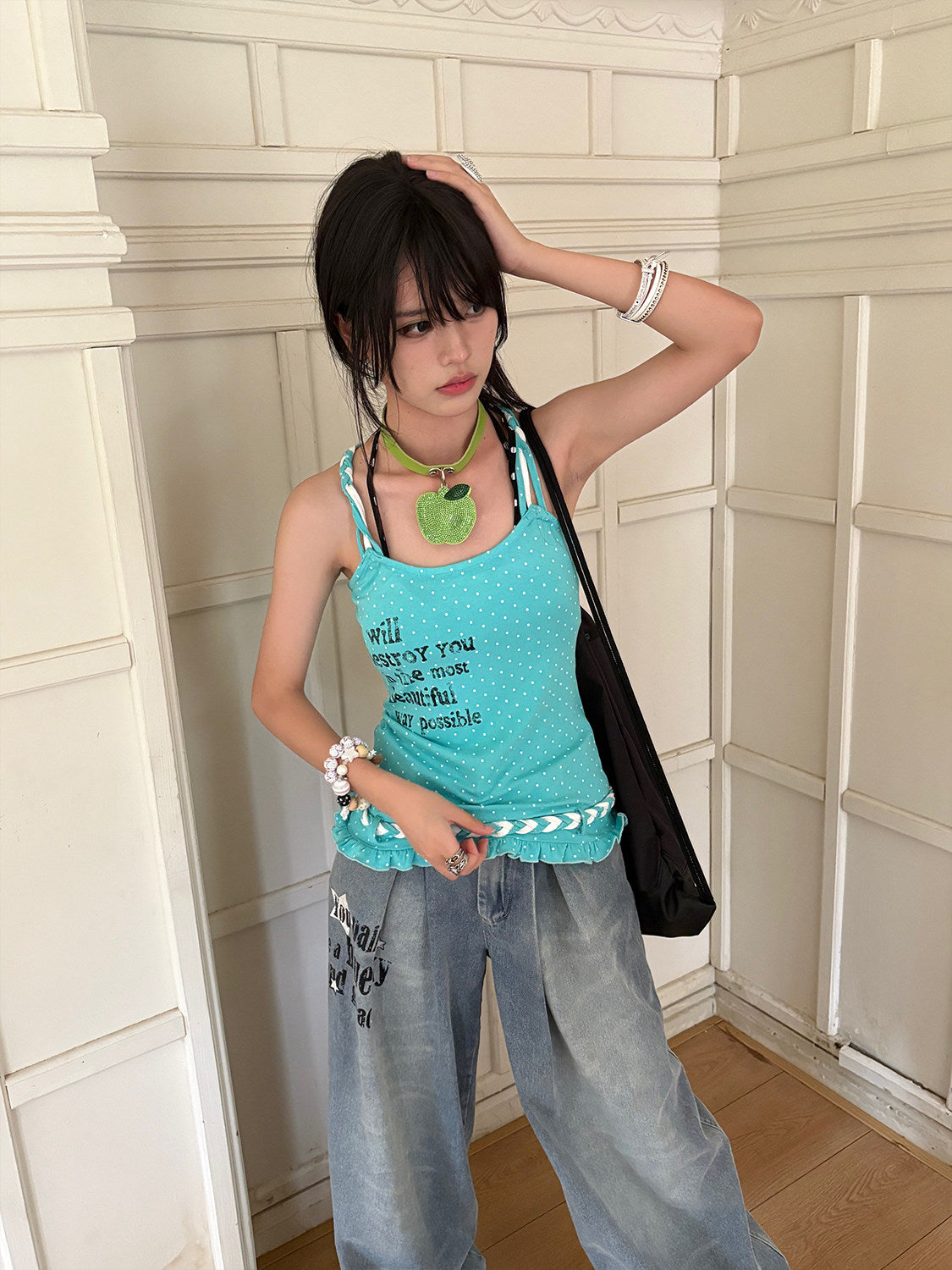 Aqua Polka Dot Braided Ruffle Tank Top