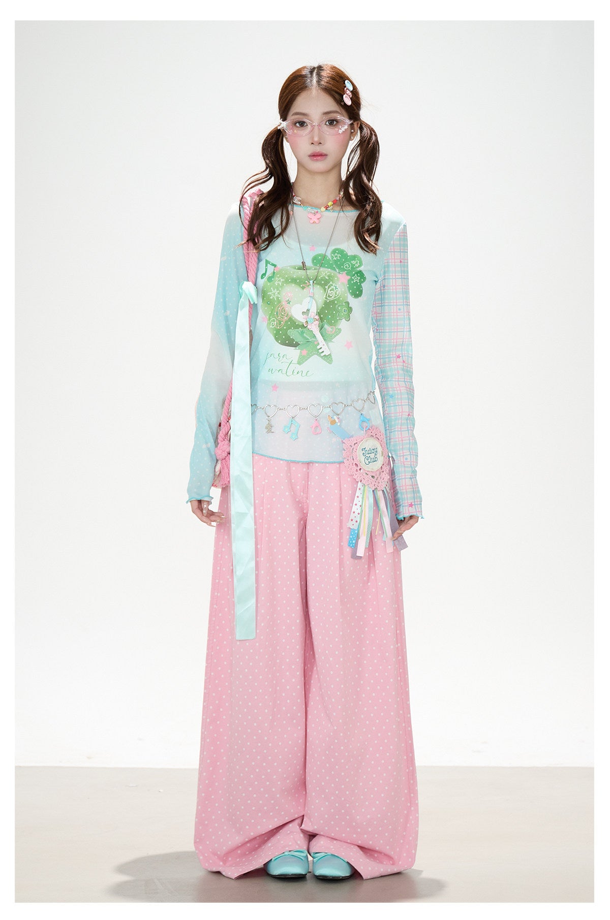 Apple Plaid Mesh Long Sleeve Top & Pink Polka Dot Wide Leg Pants