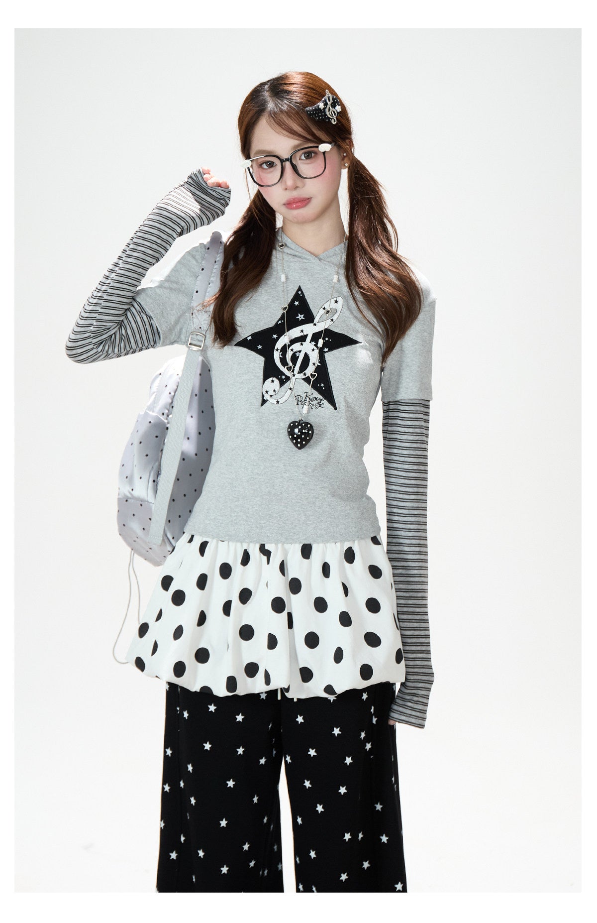 Music Note Star Layered Hoodie Top & Polka Dot Tie-Waist Wide-Leg Pants
