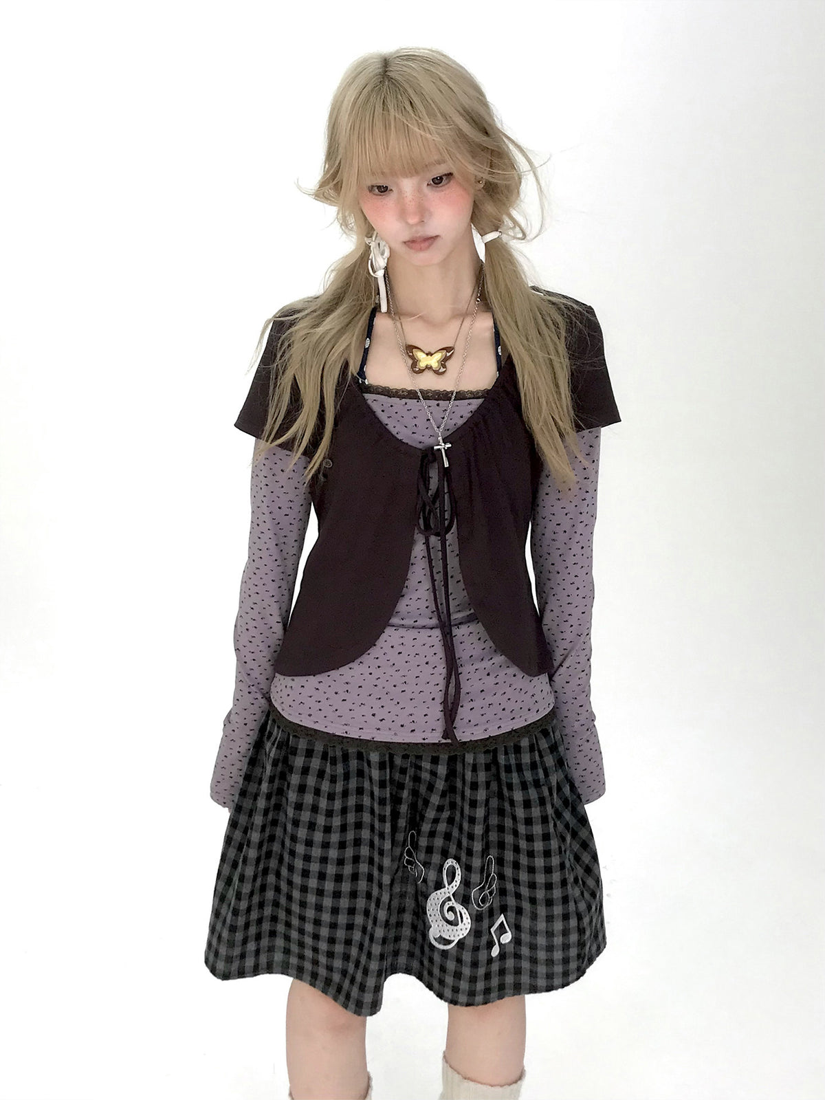 Striped Polka Dot Faux-Layered Button Long Sleeve Top