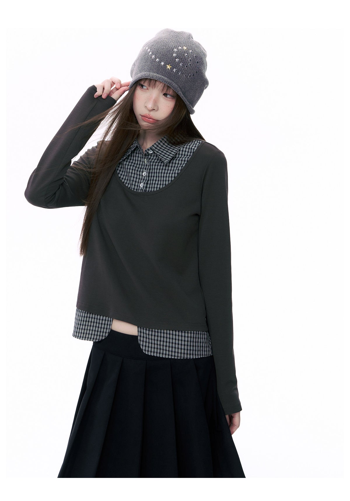 Plaid Collar Faux-Layer Long Sleeve Top