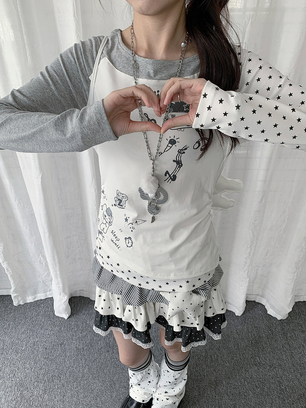 Star Graphic Asymmetric Layered Long Sleeve Top