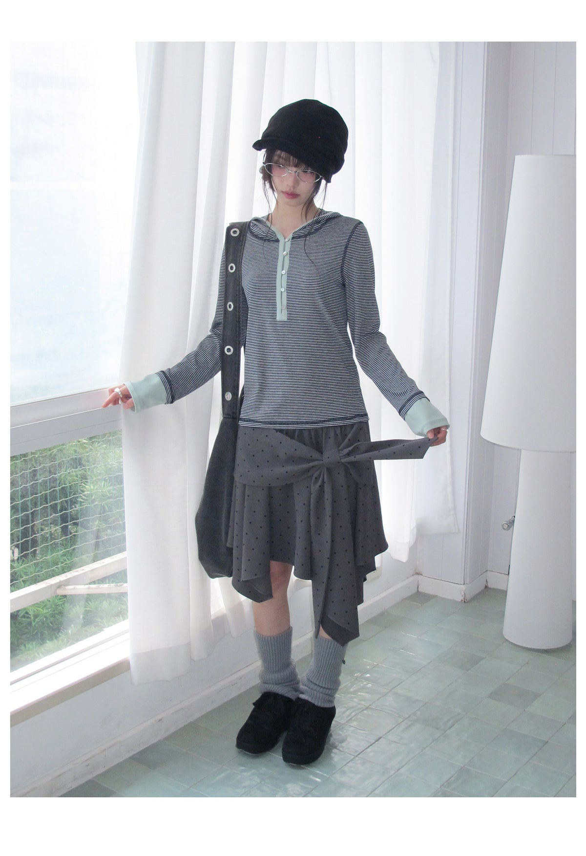 Blue-Gray Stripe Contrast Hooded Long Sleeve Top