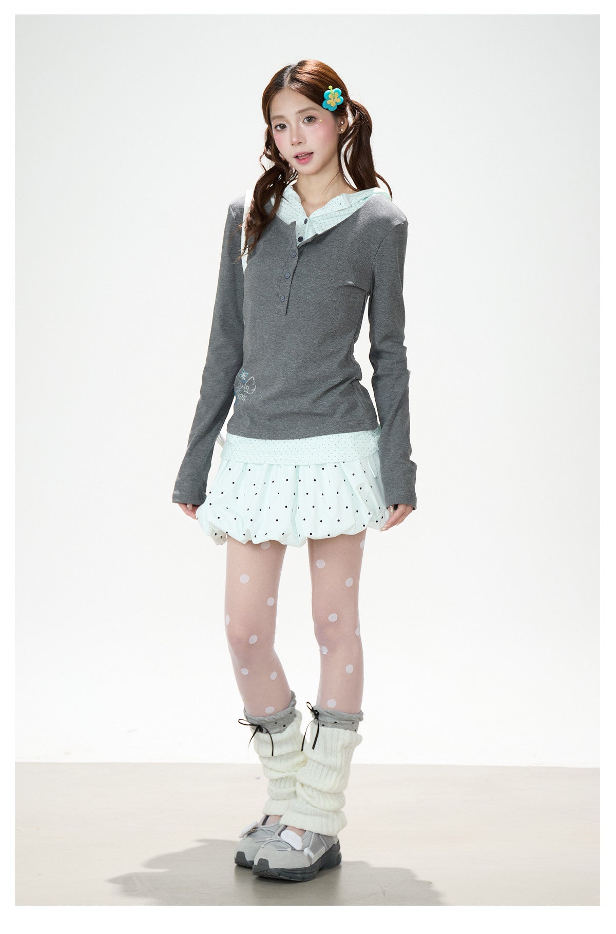 Polka Dot Layered Hooded Long Sleeve Top & Lace-Trim Bubble Mini Skirt