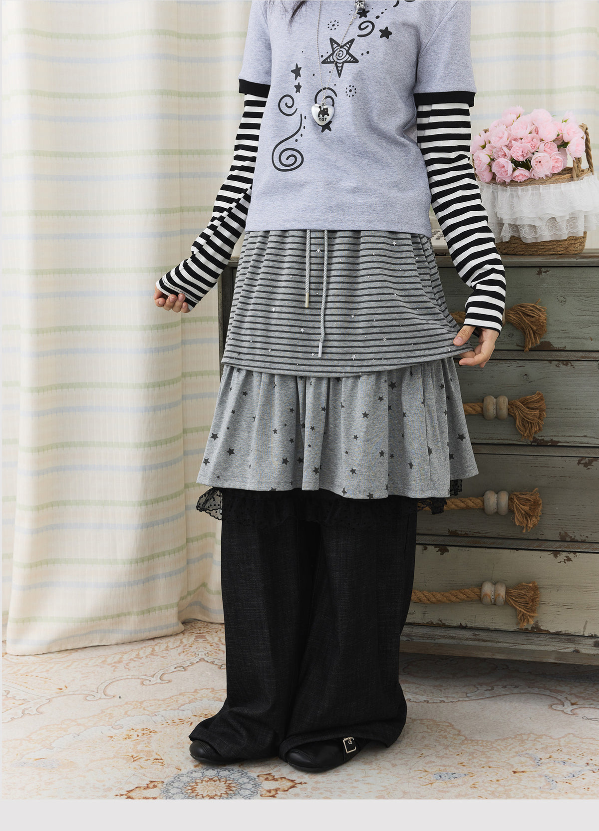 Star Stripe Layered Skirt Wide-Leg Pants