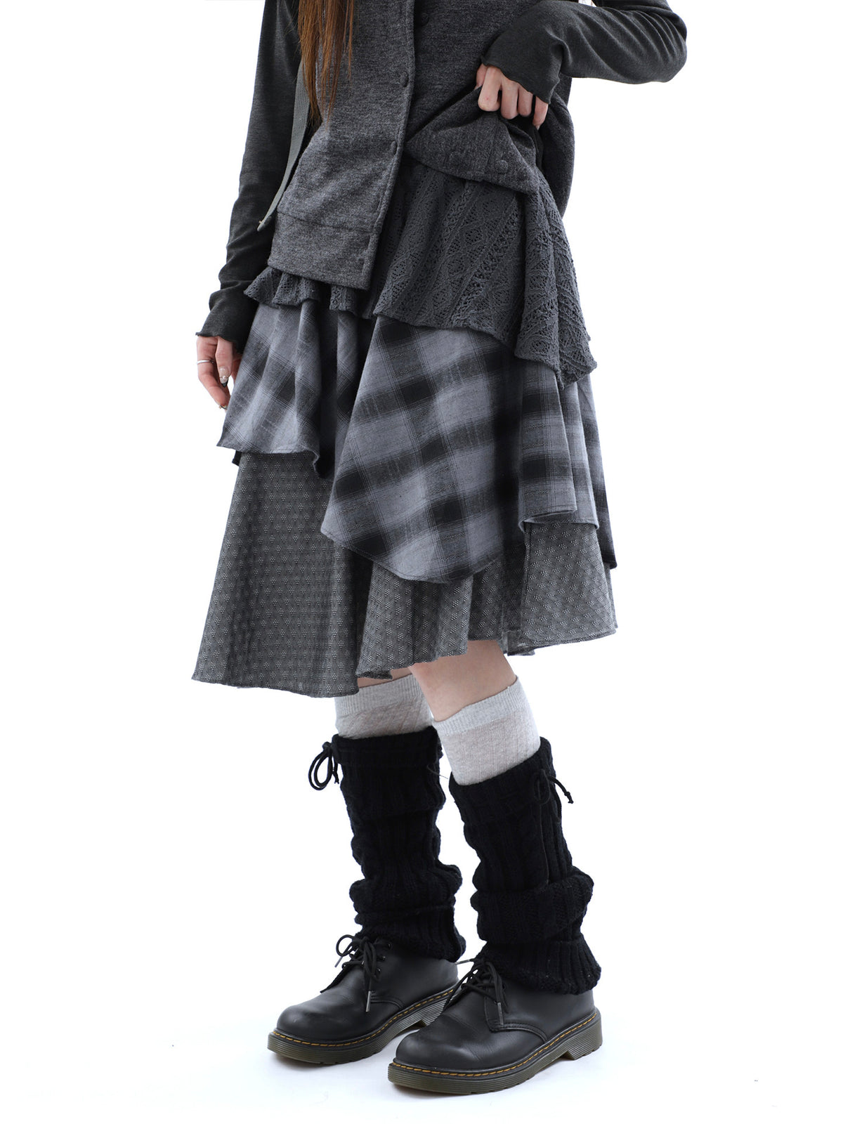 Asymmetric Plaid Layered Midi Skirt