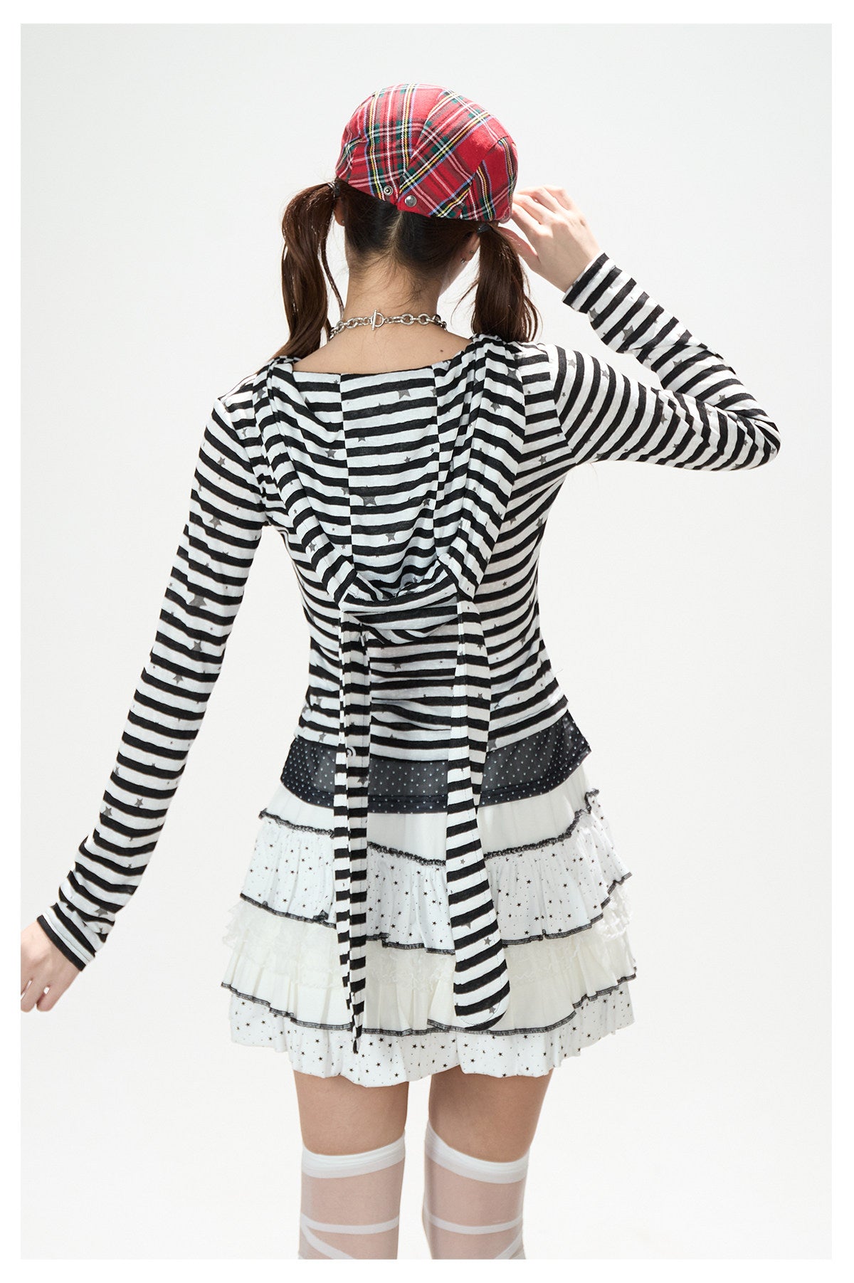 Star Stripe Bunny-Ear Hooded V-Neck Long Sleeve Top