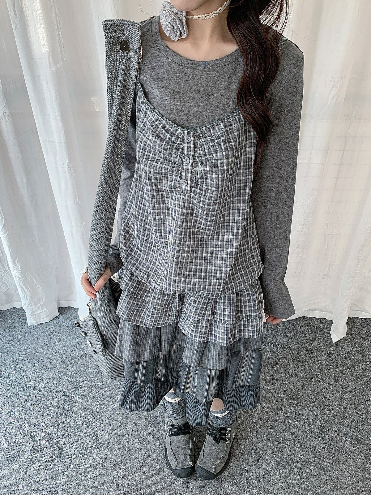 Gray Plaid Cami & Long Sleeve Layered Top Set