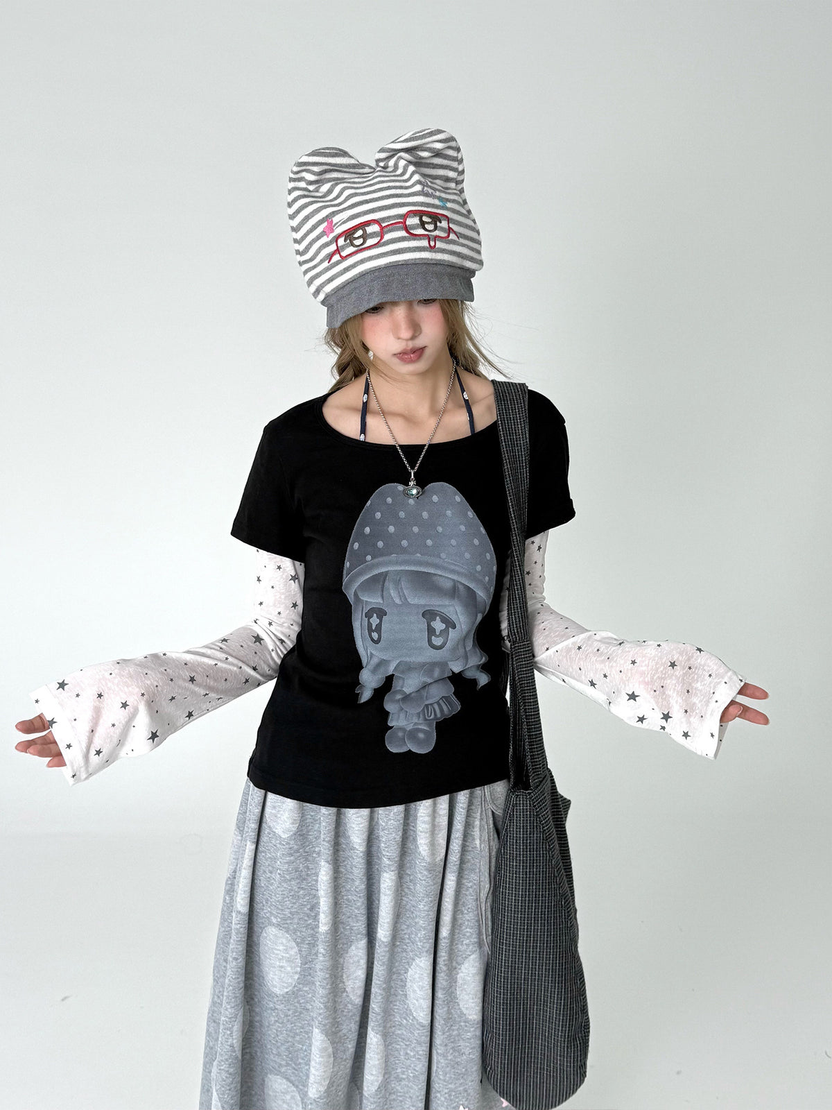 Mushroom Girl Star Faux-Layered Long Sleeve Tee