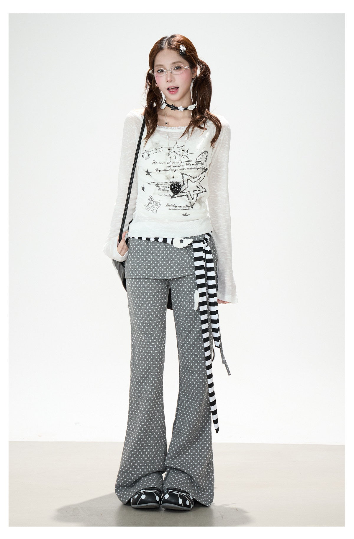 Polka Dot Wrap-Panel Flare Pants