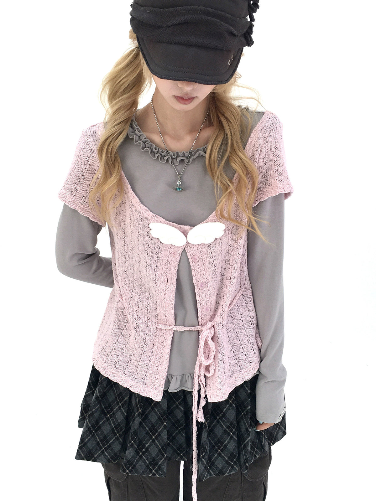 Blush Angel Wing Faux-Layer Knit Long Sleeve Top