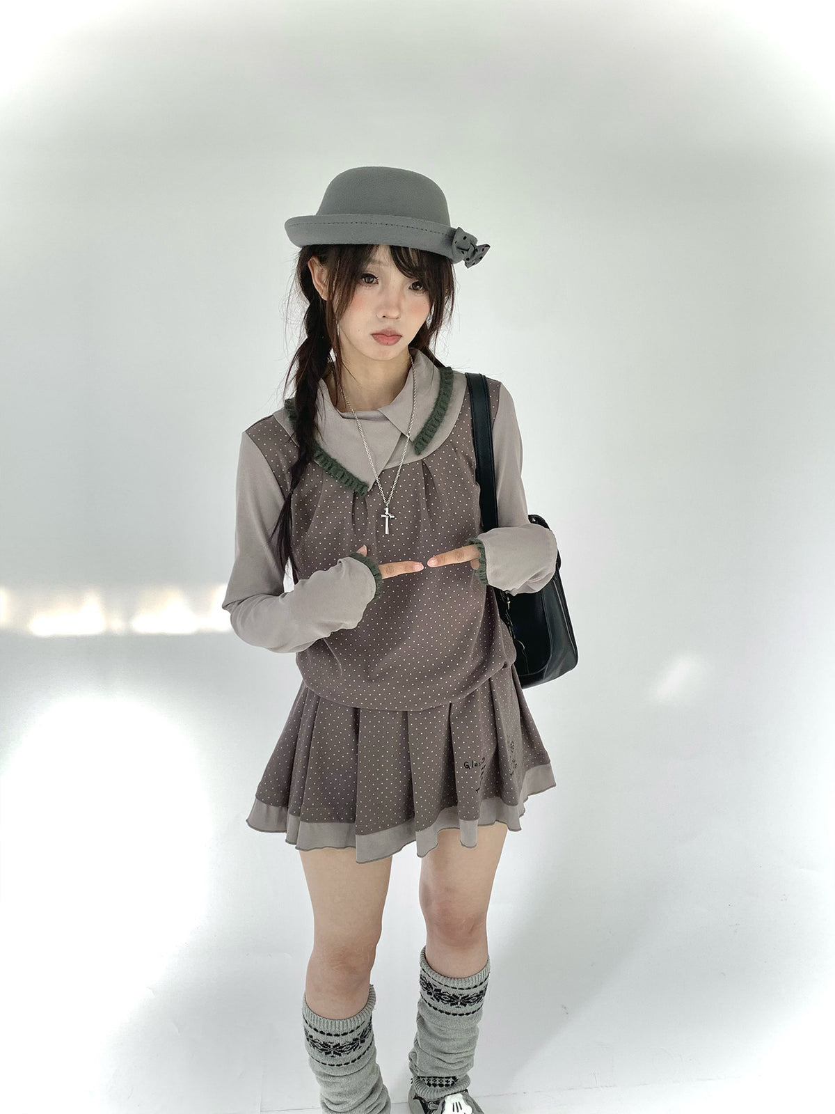 Gray Khaki Polka Dot Faux-Layer Pleated Mini Dress