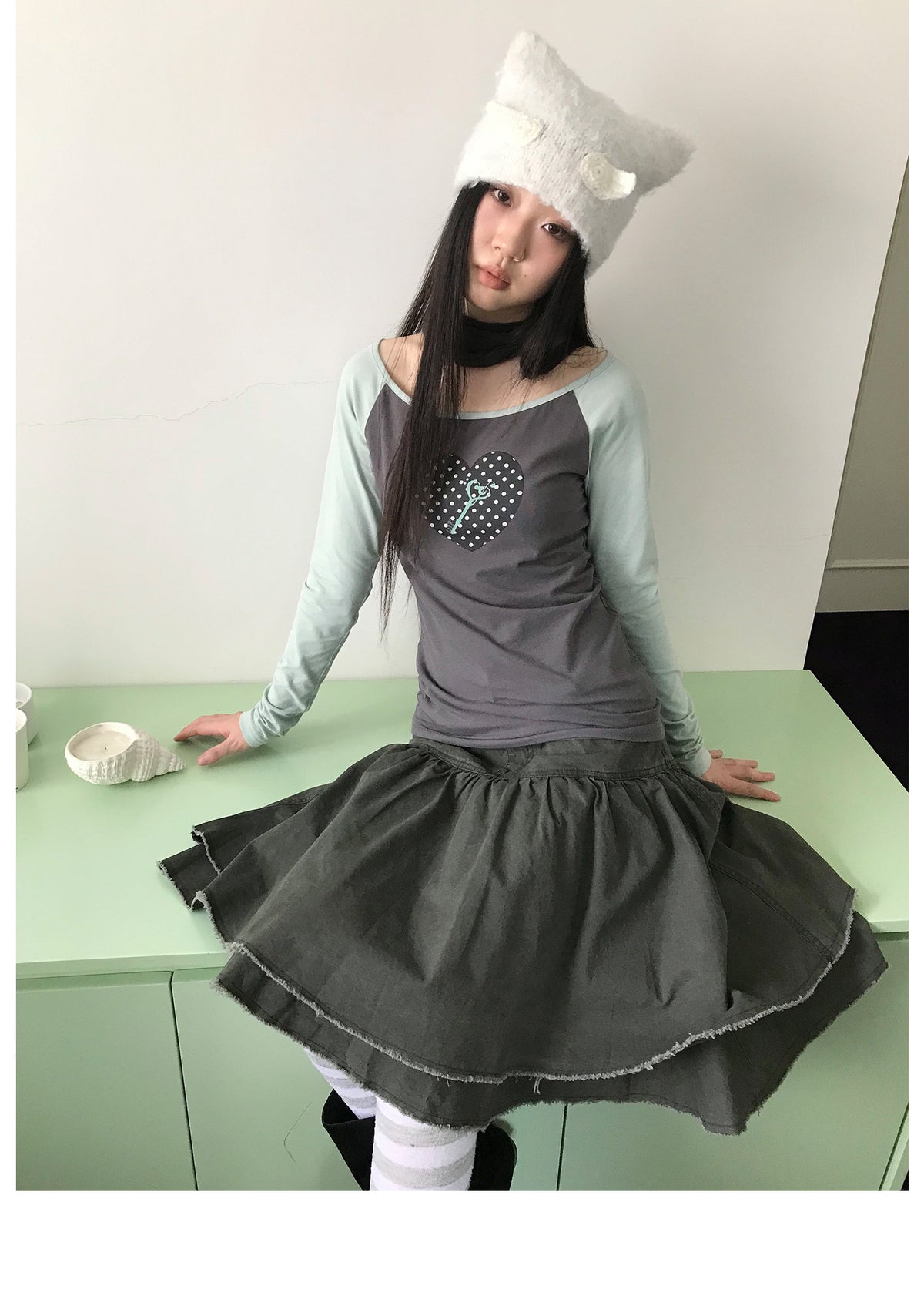 Polka Dot Heart Key Contrast Raglan Long Sleeve Tee