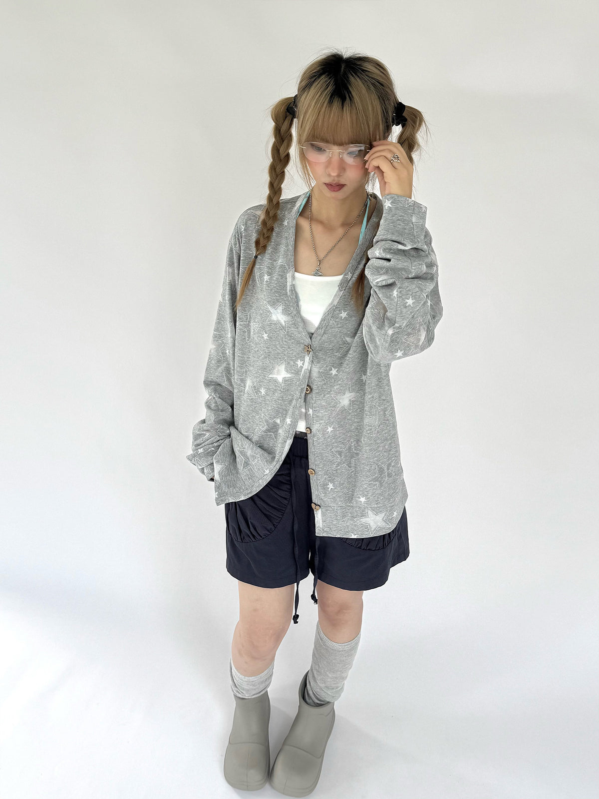 Star Print Lightweight V-Neck Cardigan