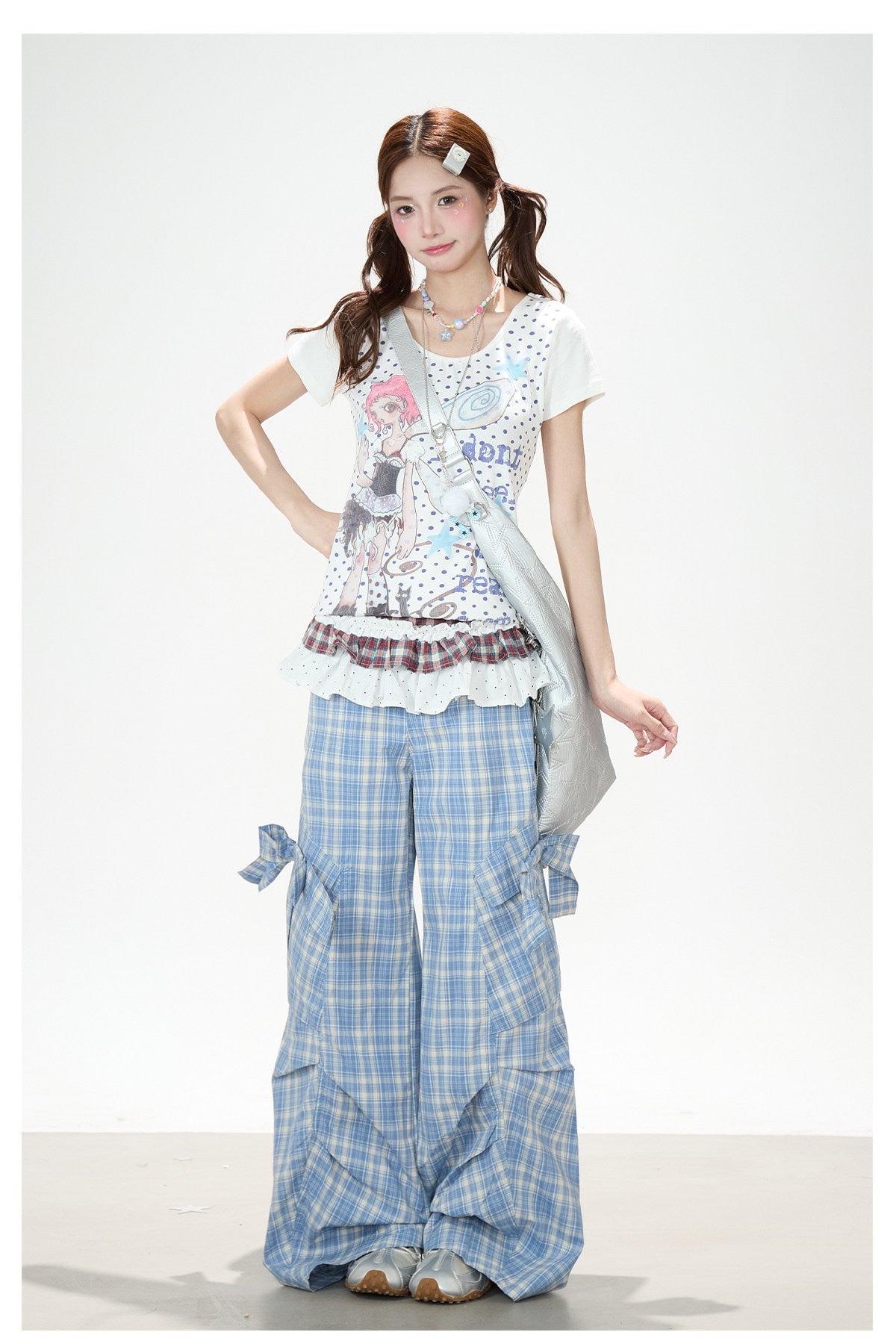 Bow Plaid Cargo Wide Leg Pants