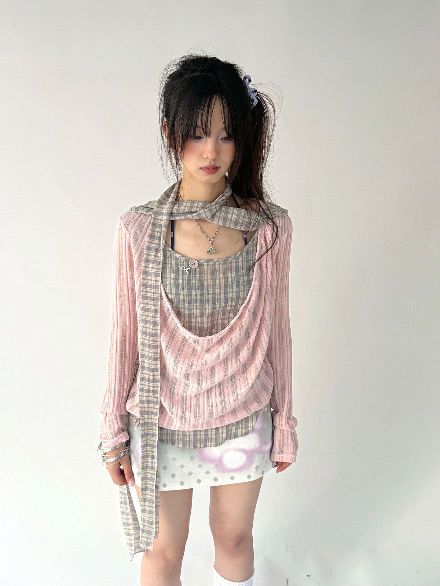 Dusty Pink Plaid Cowl-Neck Layered Top