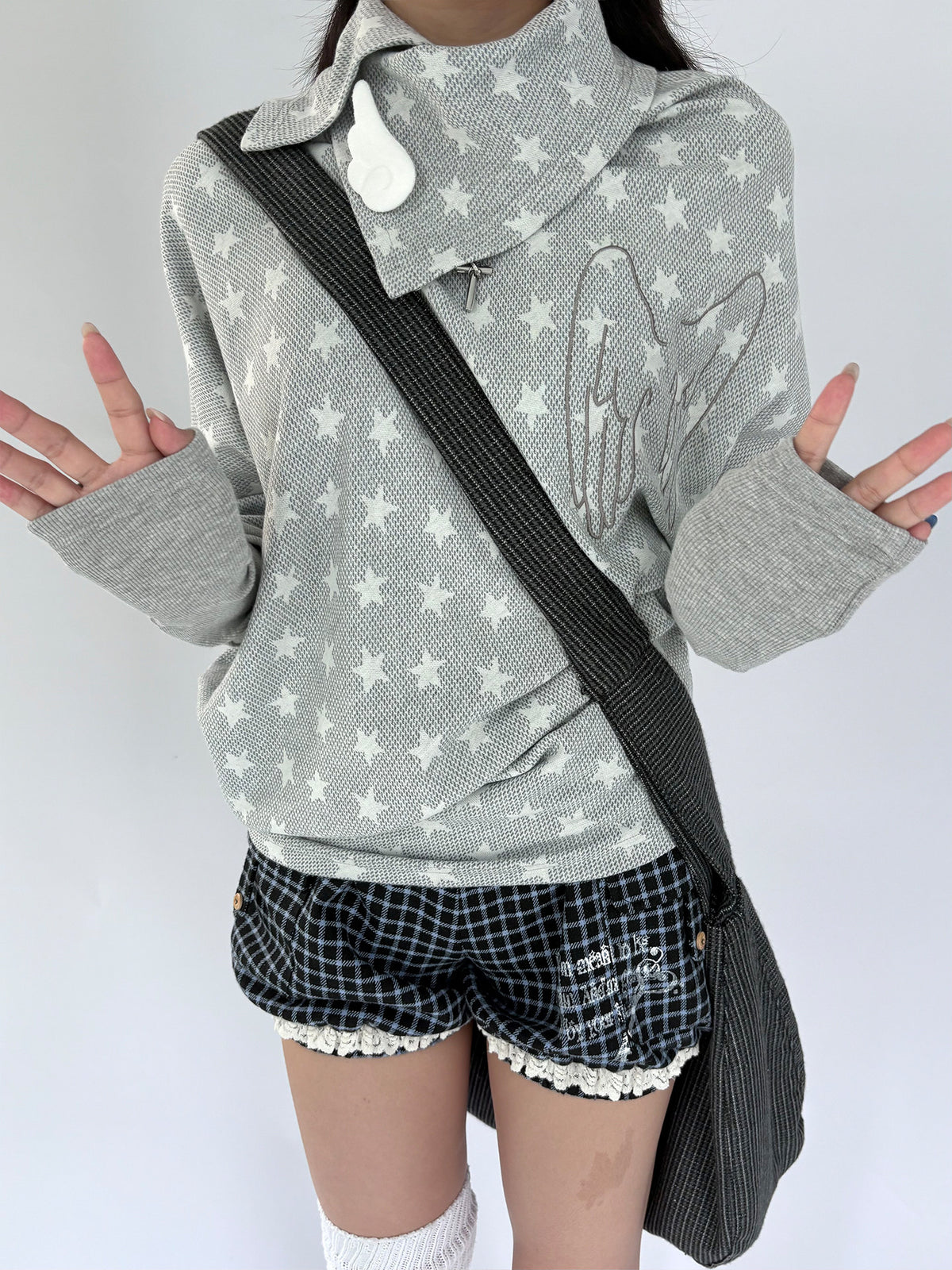 Asymmetric Star Drape Faux-Layer Long Sleeve Top