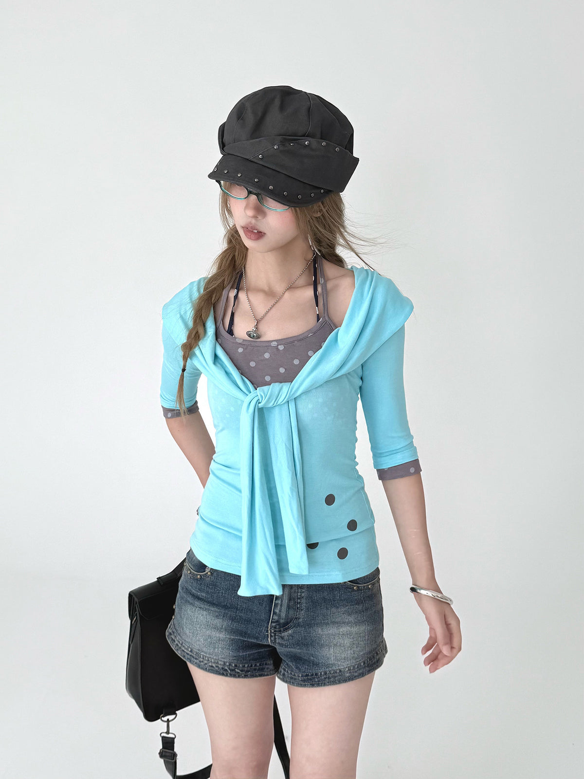 Aqua Tie-Front Faux Layered Henley Top