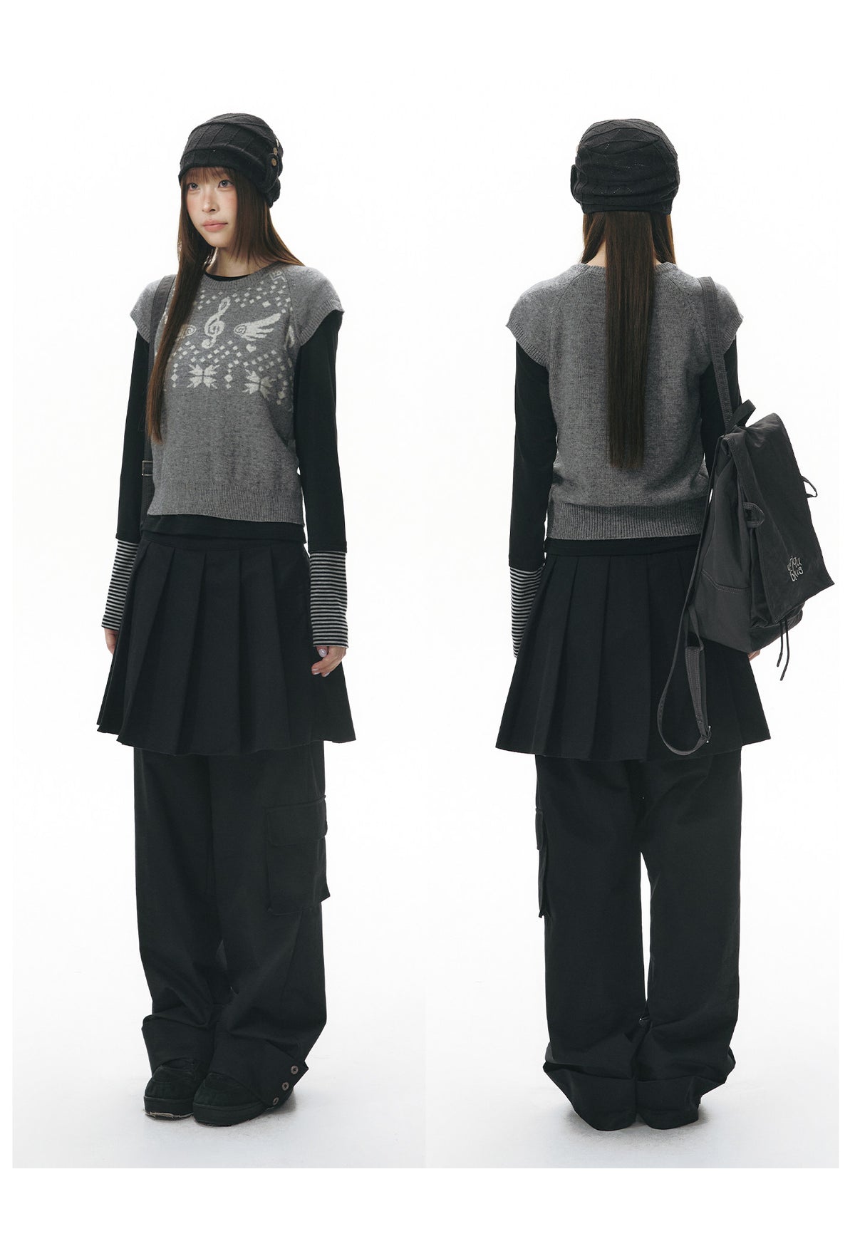 Pleated Skirt-Overlay Cargo Wide-Leg Pants