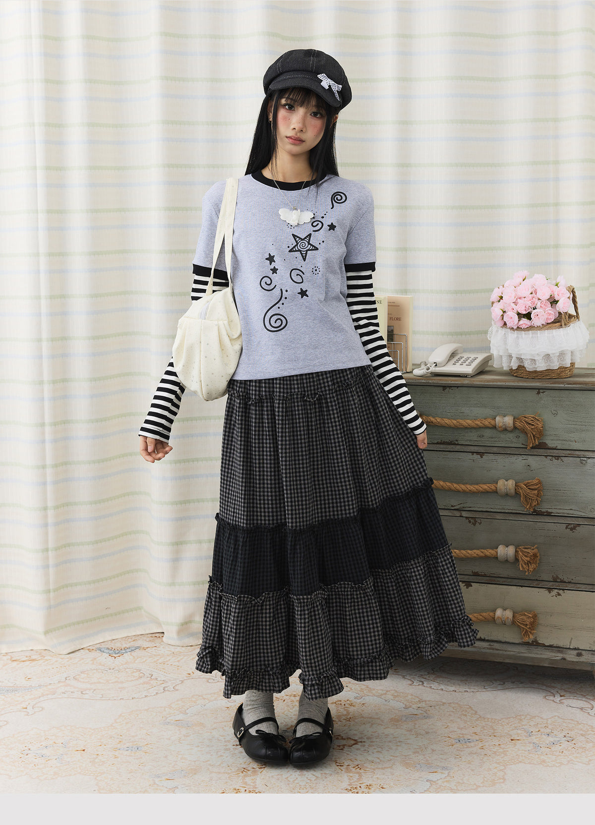 Star Swirl Striped Faux-Layer Long Sleeve Top