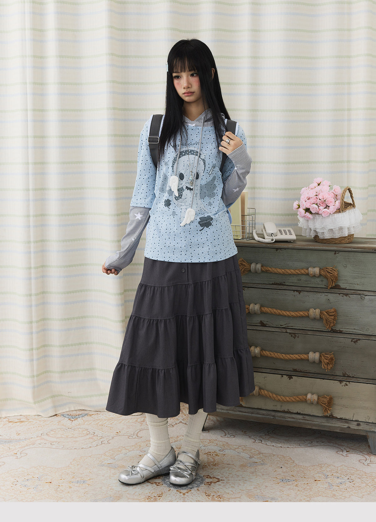 Cartoon Star Print Faux-Layer Hooded Top