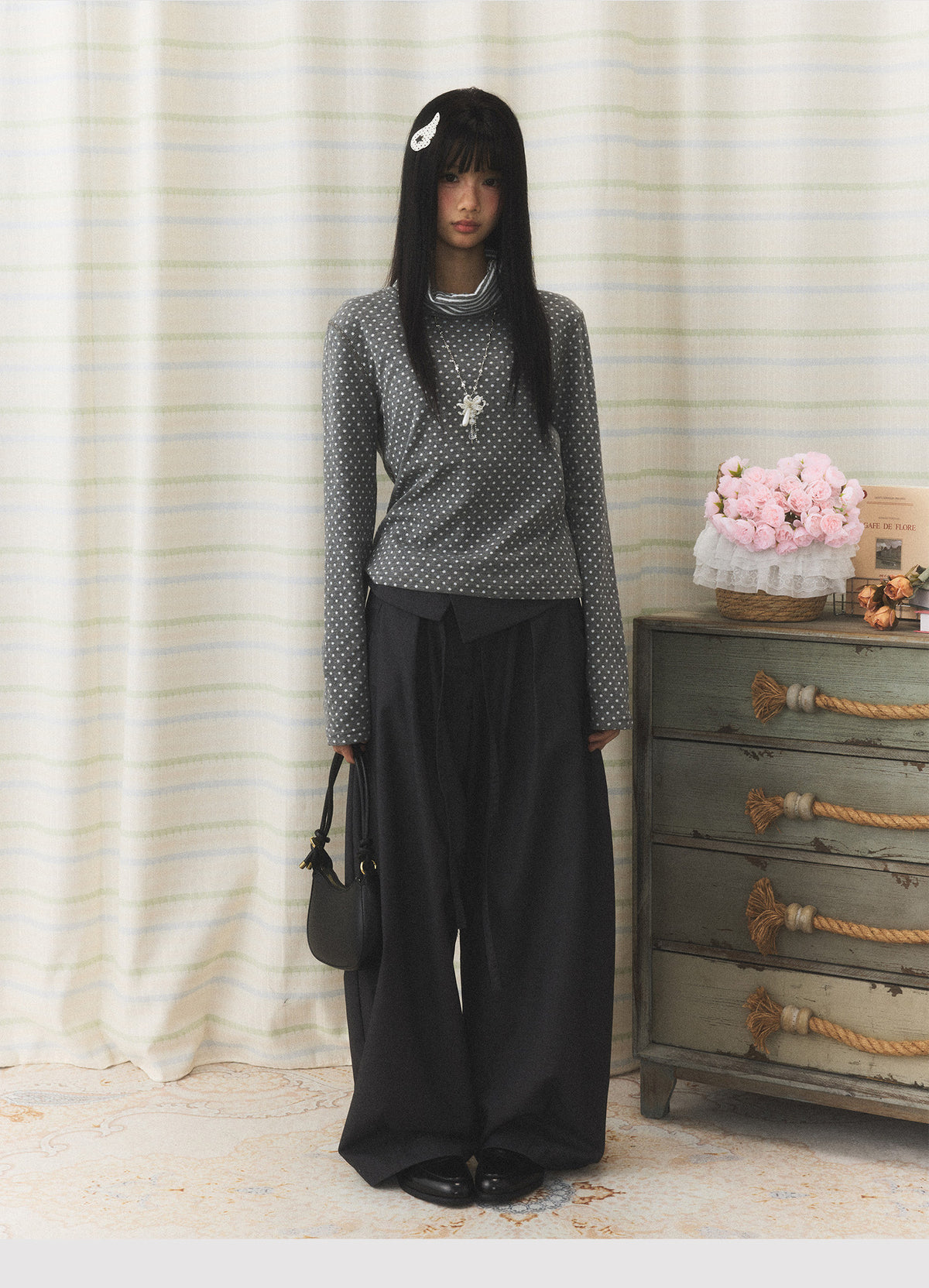 Foldover Tie Wide-Leg Trousers