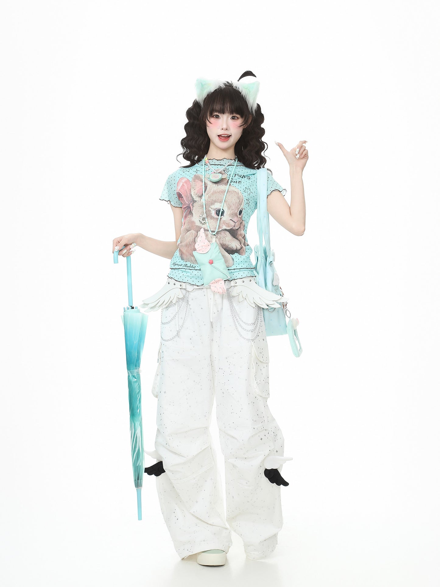 Ribbon Bunny Polka Dot Lettuce-Edge Tee