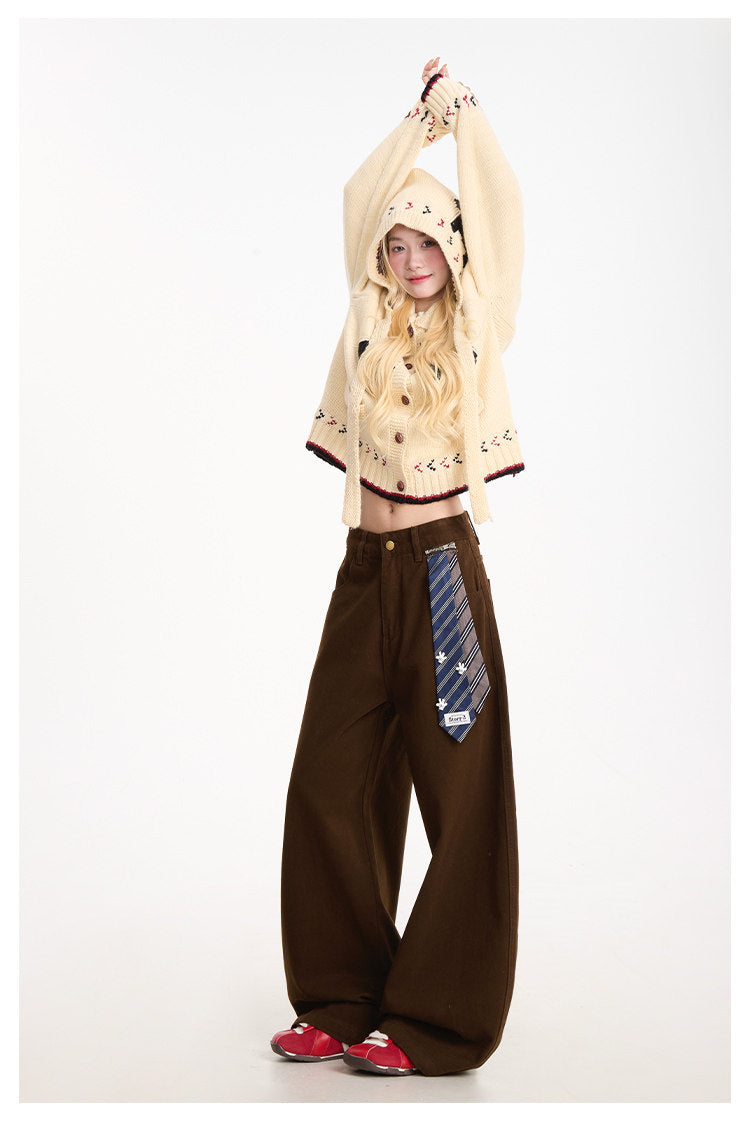 Curved-Leg Wide-Leg Pants with Detachable Tie