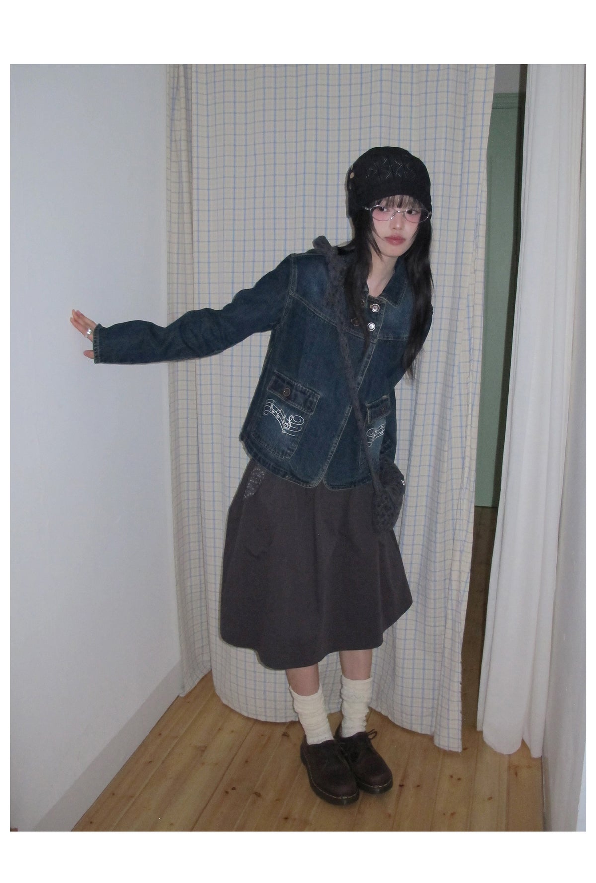 Washed Denim Music-Note Embroidered Jacket
