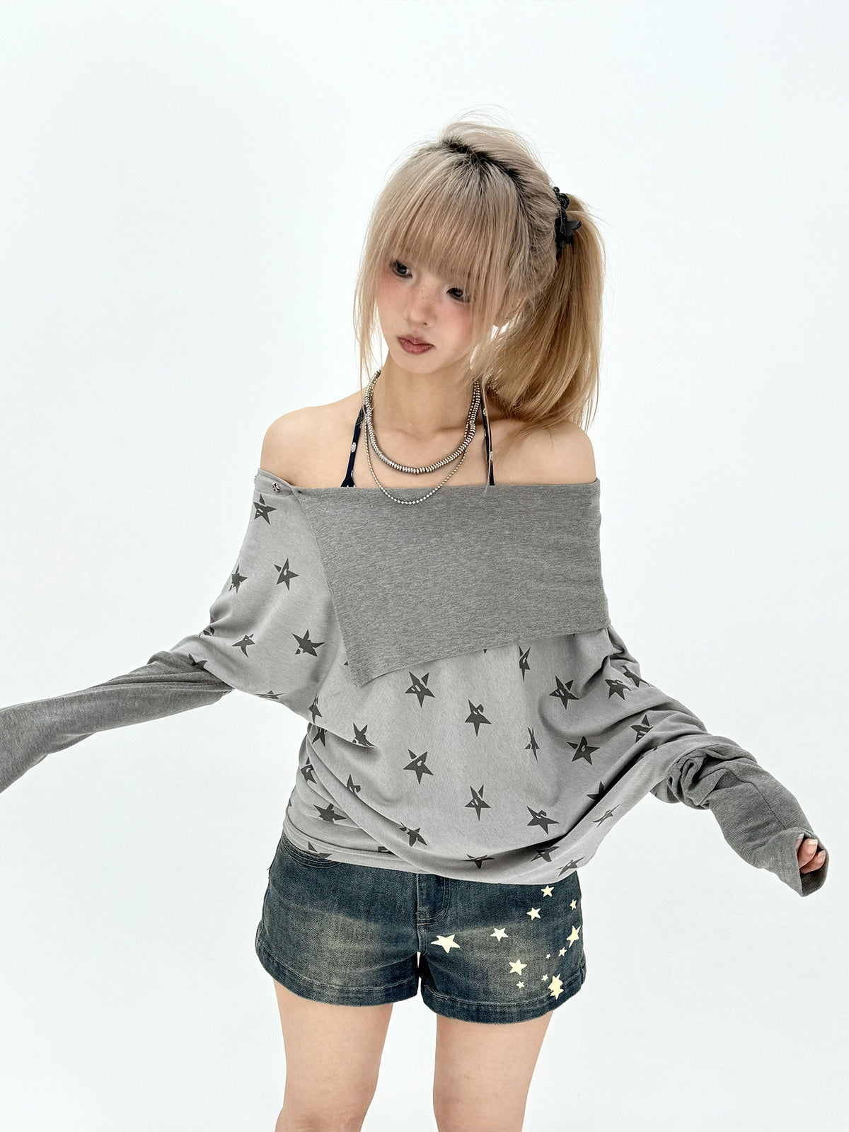 Star Print Draped Off-Shoulder Long Sleeve Top