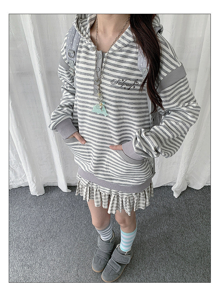Striped Half-Placket Hooded Pullover
