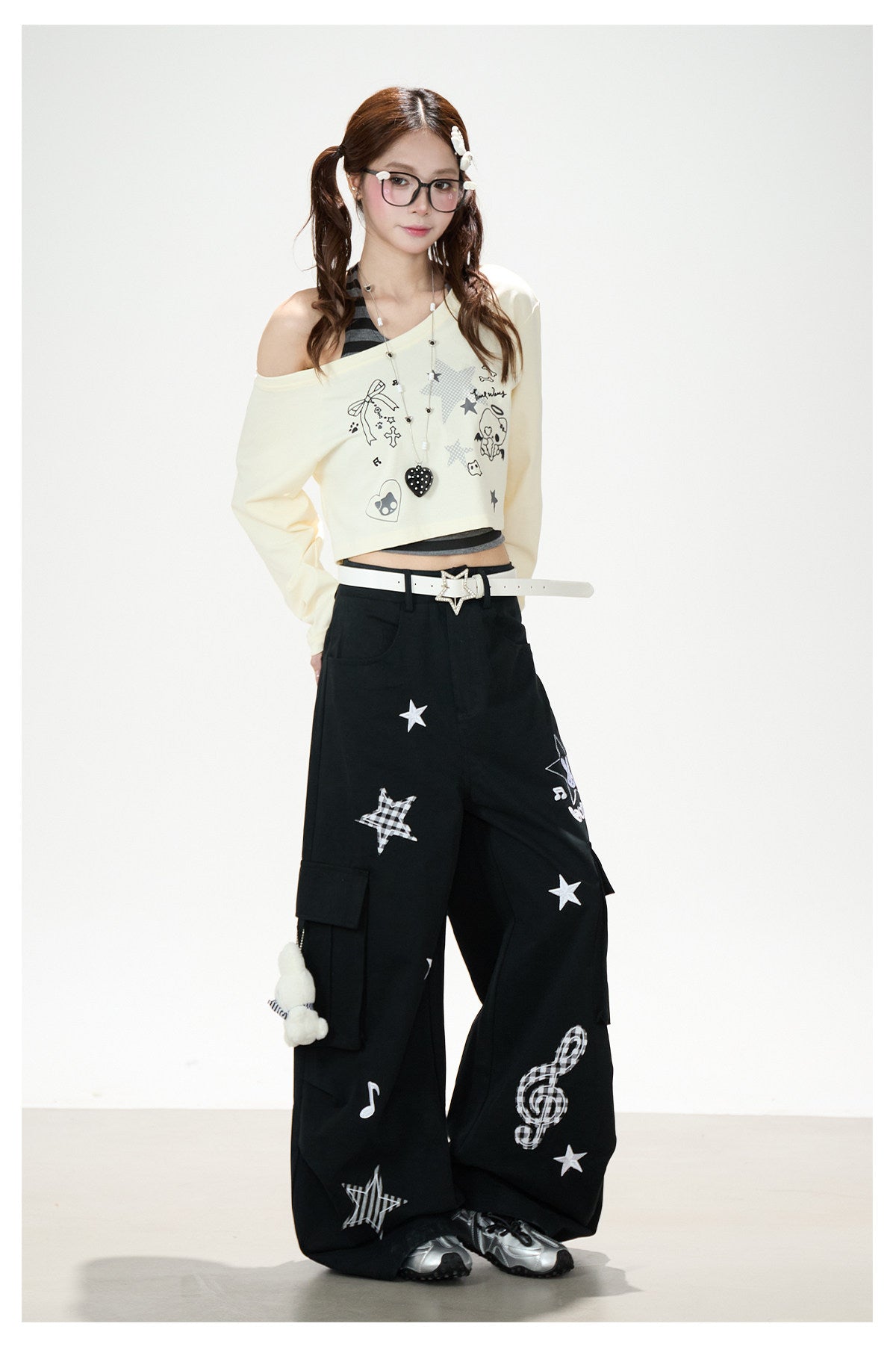 Cartoon Patch Embroidered Wide-Leg Cargo Pants