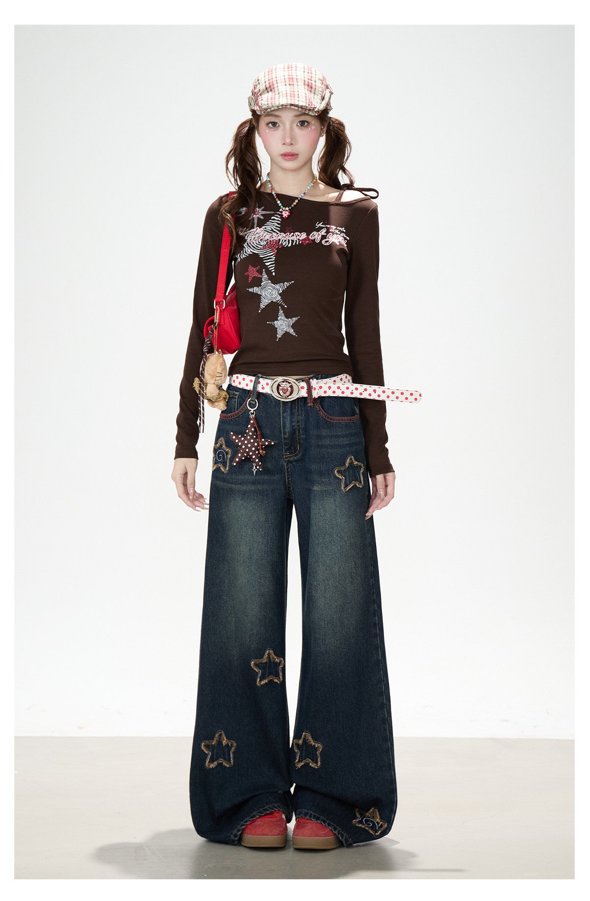 Frayed Star Patch Washed Wide-Leg Jeans