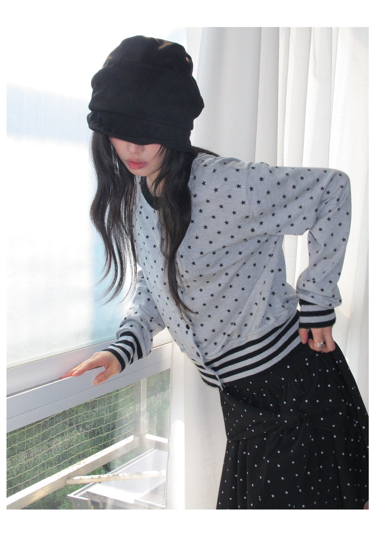 Star Print Contrast-Trim Knit Cardigan