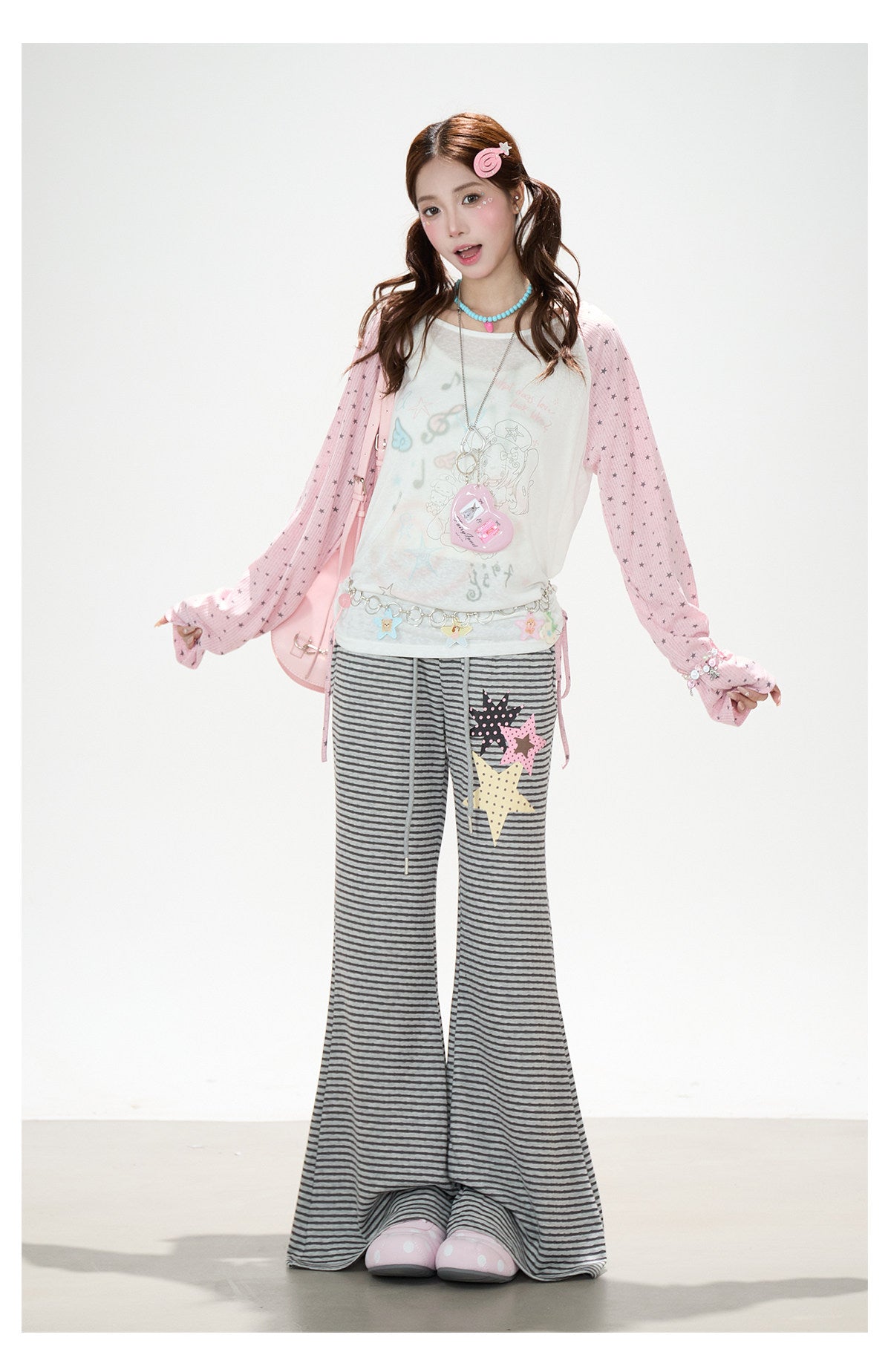 Dreamy Star Raglan Long Sleeve Top & Gray Striped Star Flare Pants